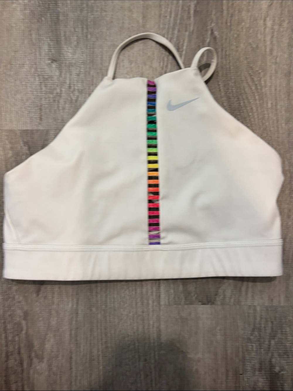Nike White High-Neck Sports Bra with Rainbow Center Stripe